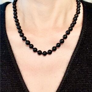 14K Gold Clasp Black Beaded Necklace with Yellow Floral Pouch